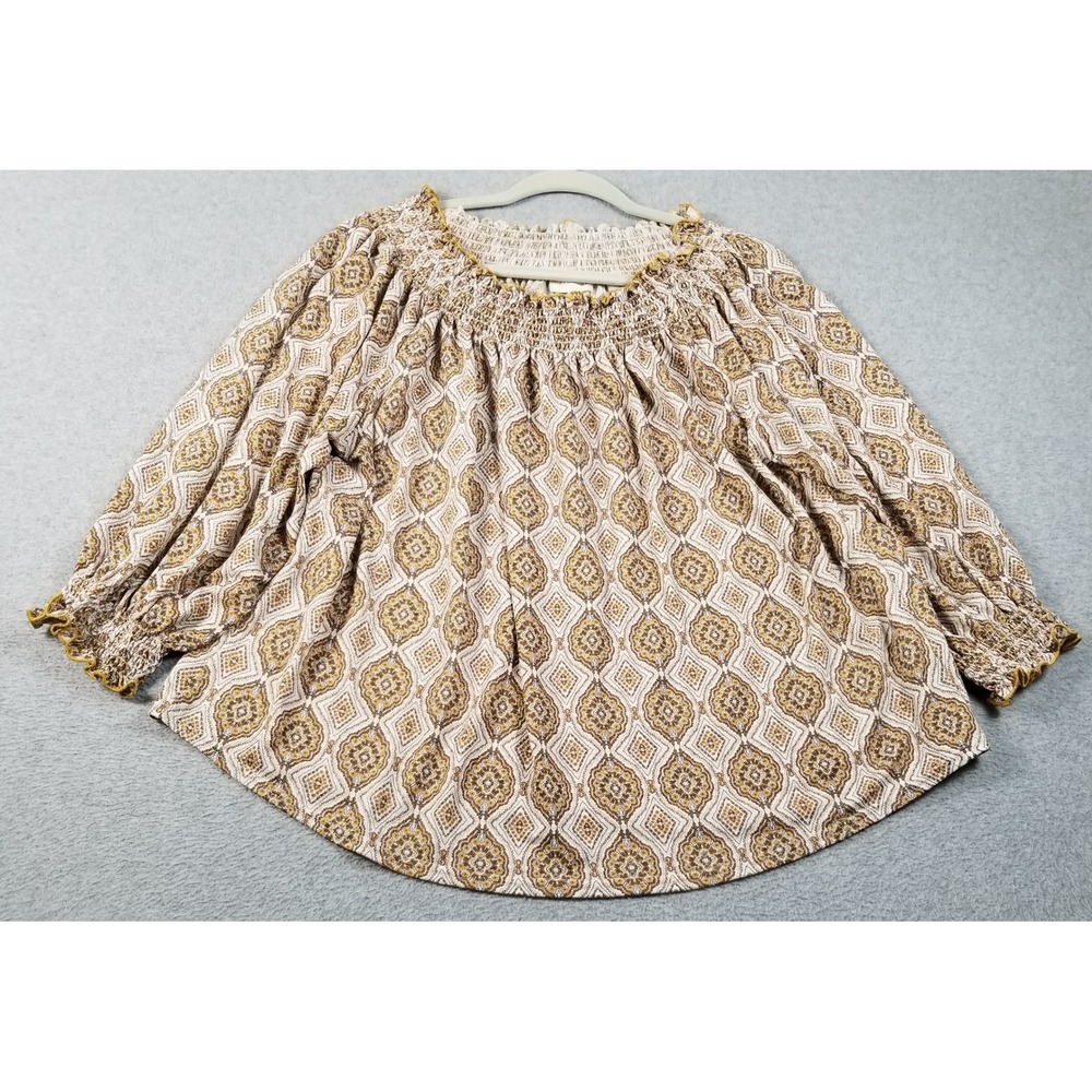 Melloday Blouse Women's L Large Medallion Smocked Off Shoulder Boho Stretch Knit